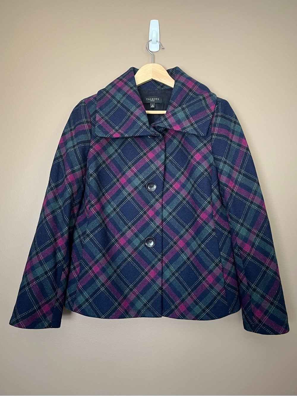 {Talbots} Tartan Plaid Wool Peacoat with Wide Collar & Button Front - 12 Petite